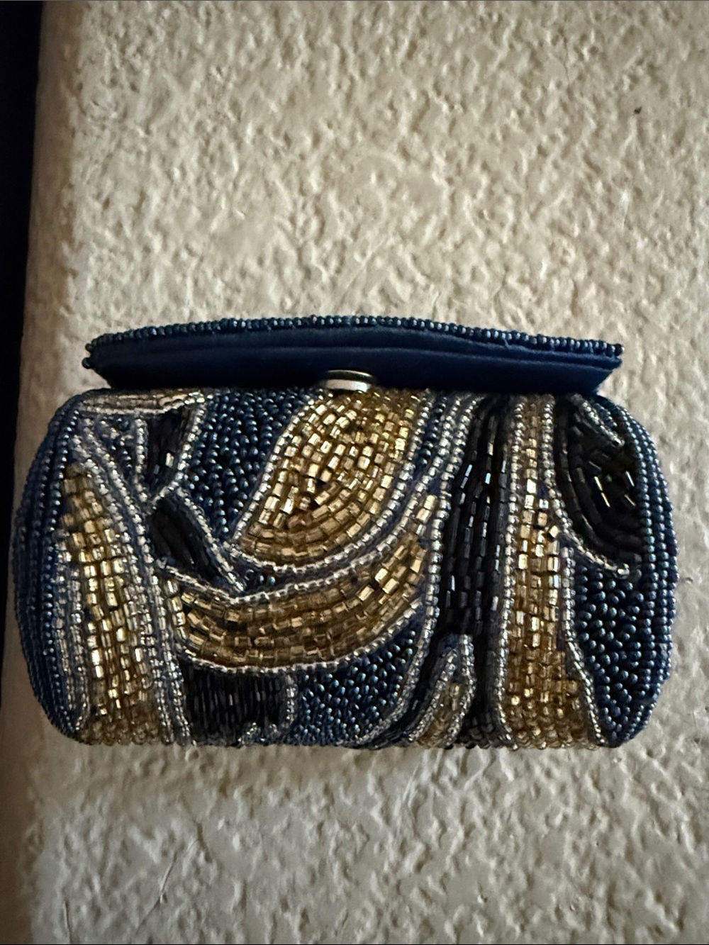 Vintage Neiman Marcus Beaded Navy and Gold lipstick case with mirror